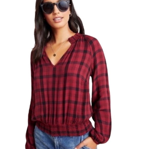 Anthropologie Tops - Anthropologie Cloth & Stone Plaid Red Black Top
